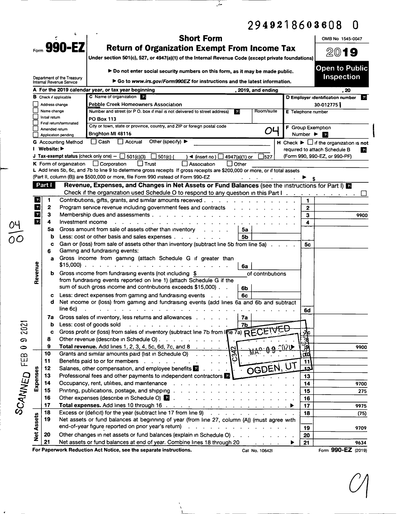 Image of first page of 2019 Form 990O for Pebble Creek Homeowners Association
