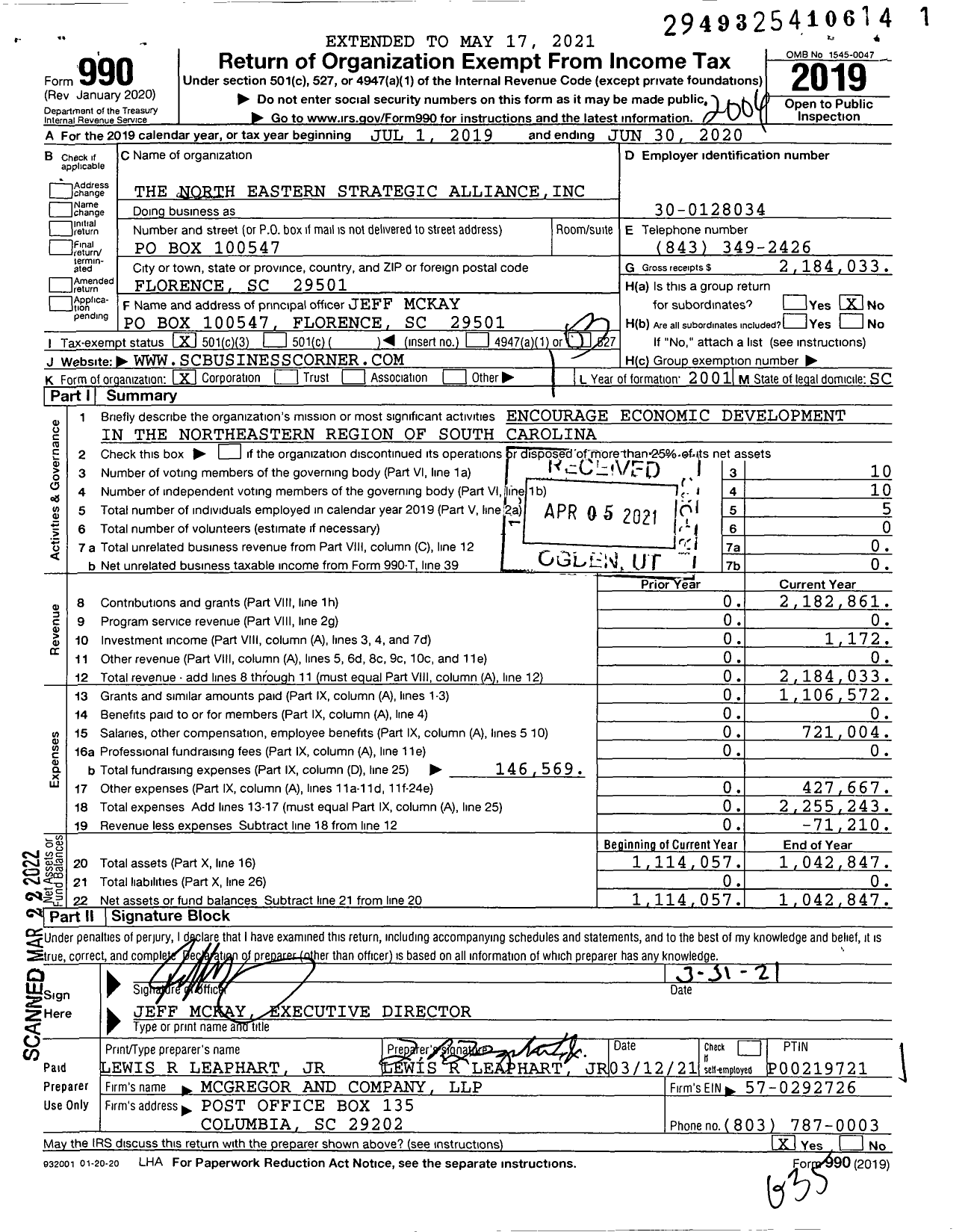 Image of first page of 2019 Form 990 for The North Eastern Strategic Alliance