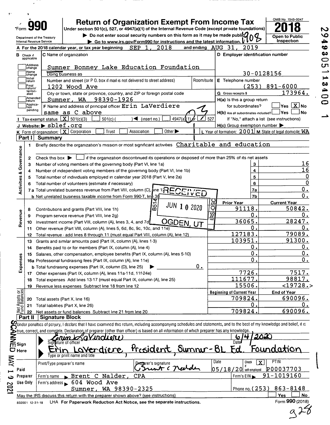 Image of first page of 2018 Form 990 for Sumner Bonney Lake Education Foundation