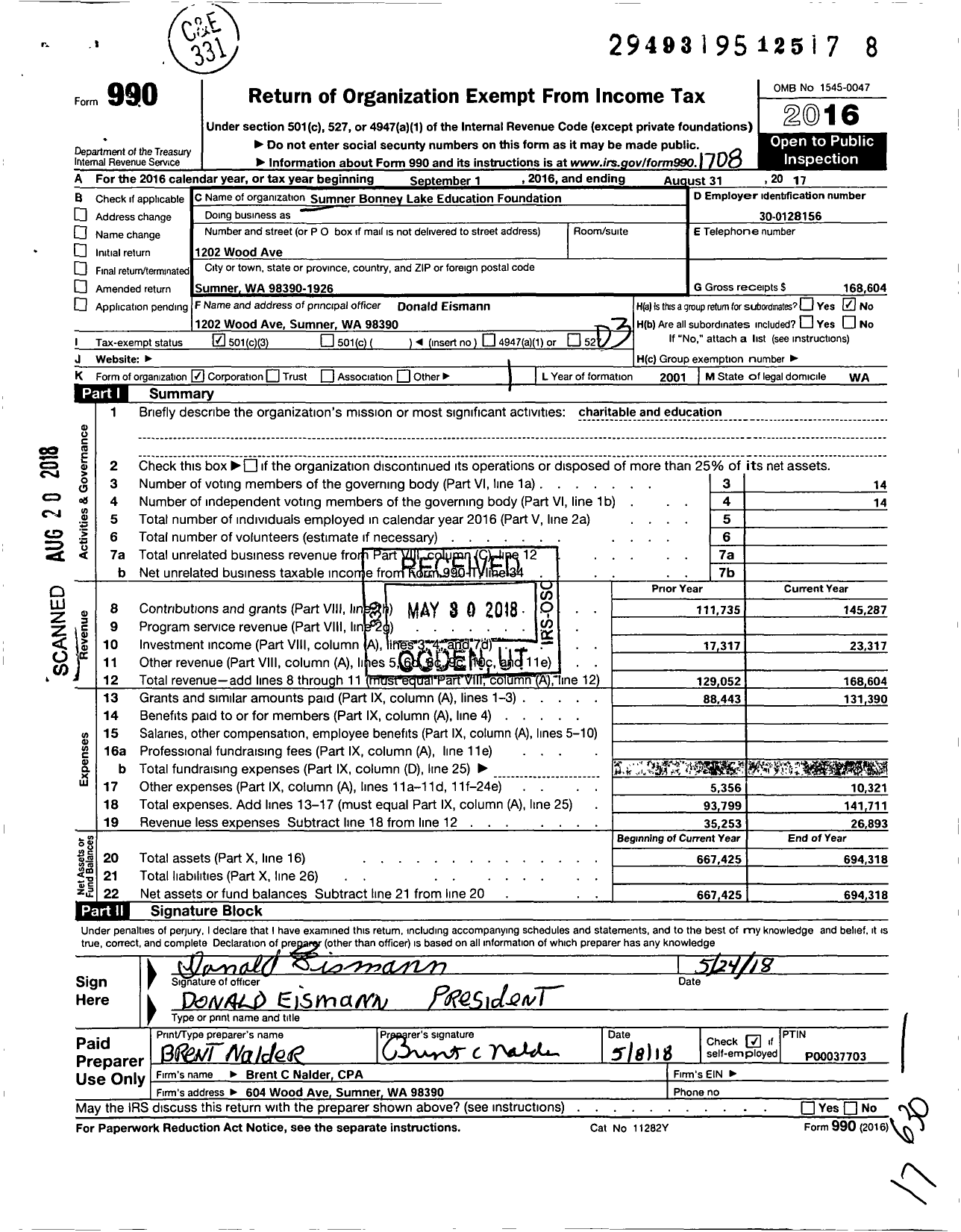 Image of first page of 2016 Form 990 for Sumner Bonney Lake Education Foundation