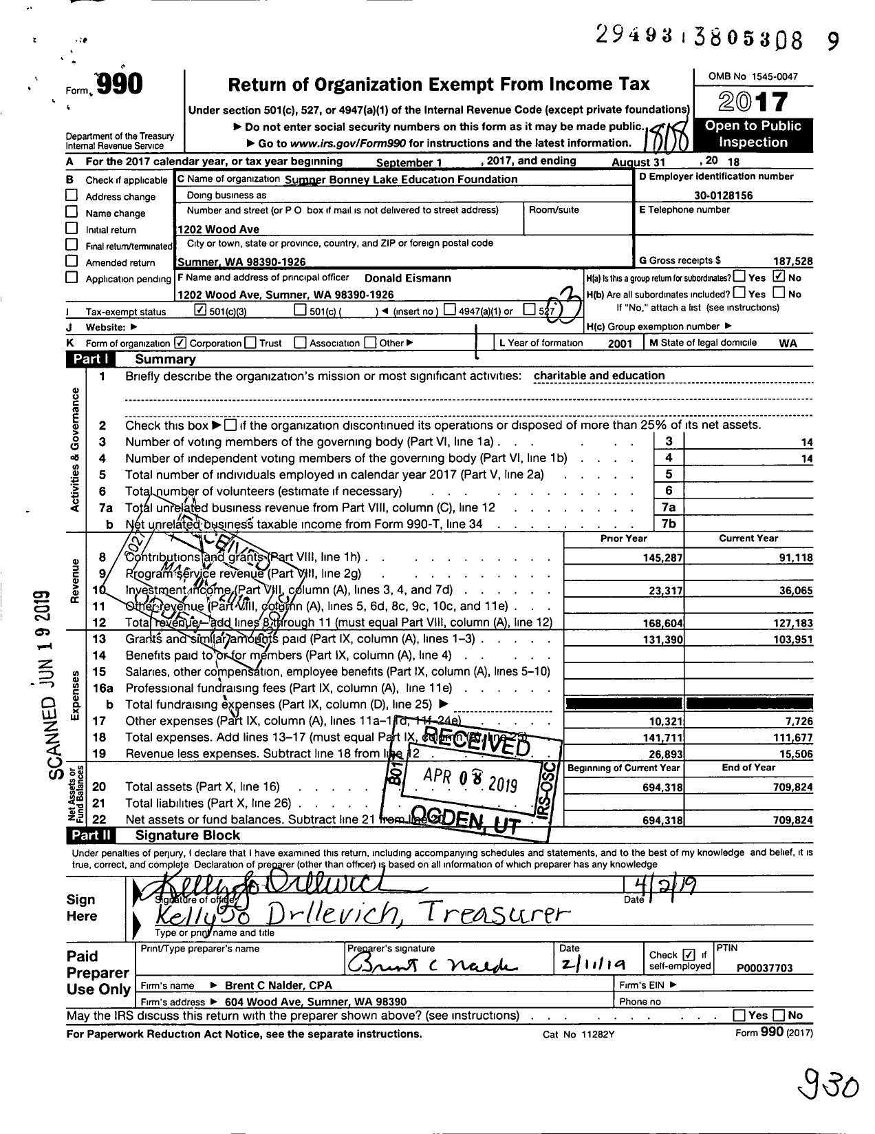 Image of first page of 2017 Form 990 for Sumner Bonney Lake Education Foundation