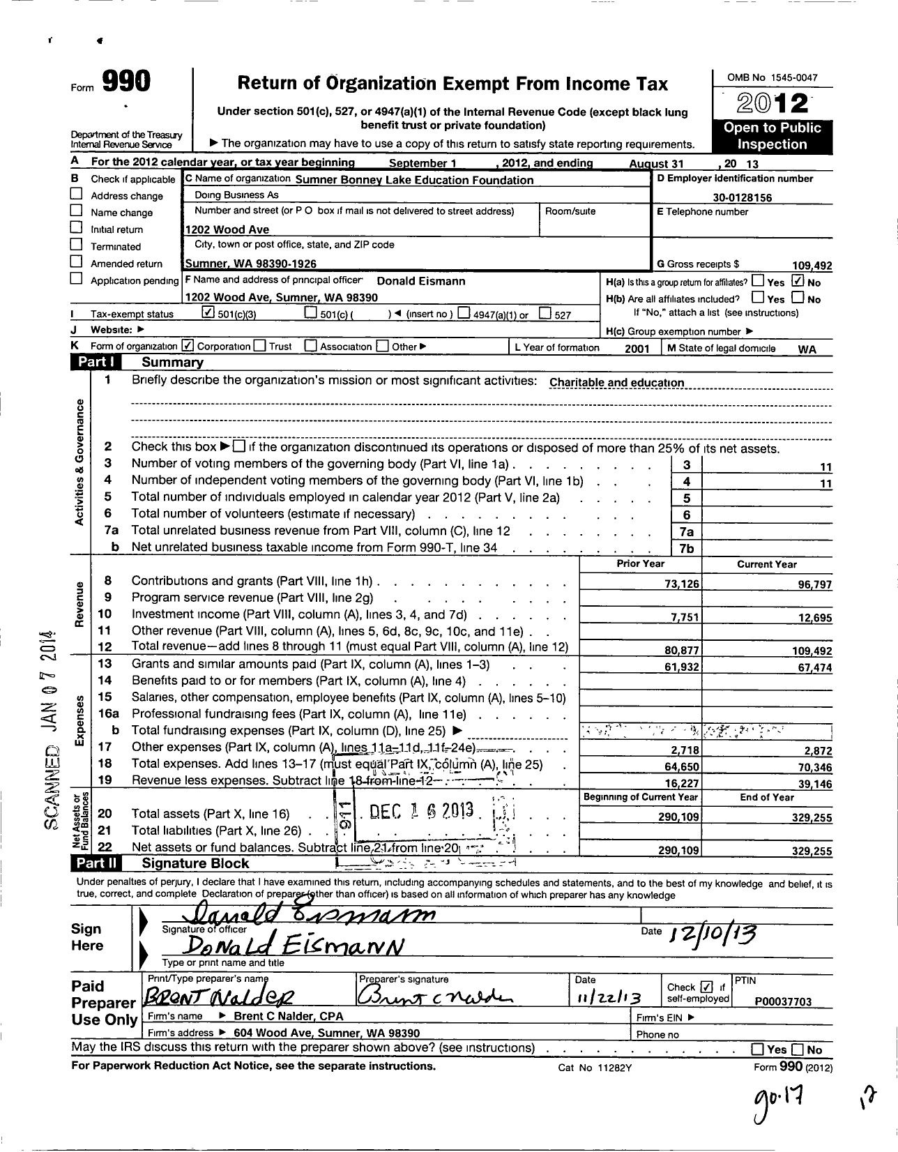 Image of first page of 2012 Form 990 for Sumner Bonney Lake Education Foundation