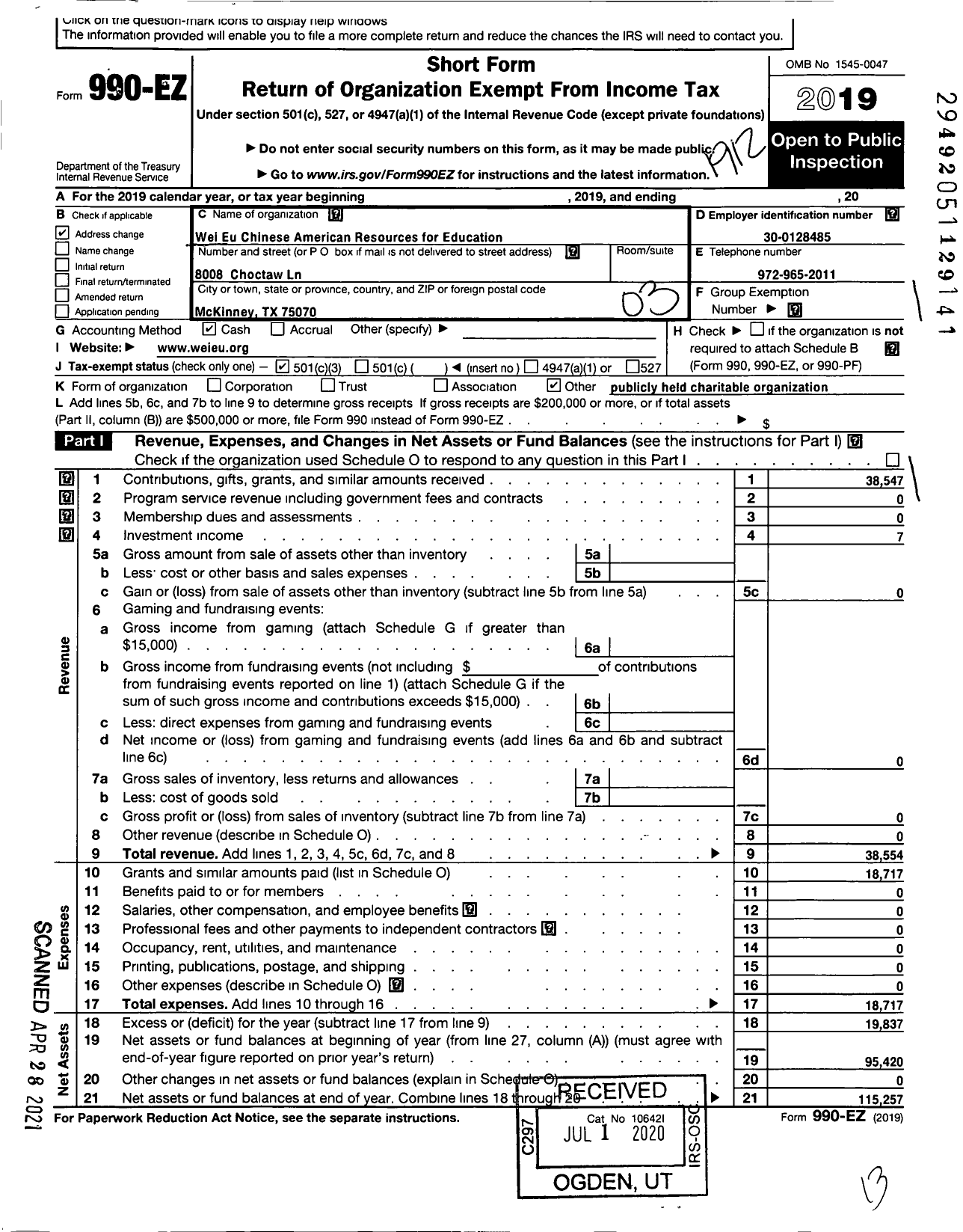 Image of first page of 2019 Form 990EZ for Wei Eu Chinese American Resources for Education