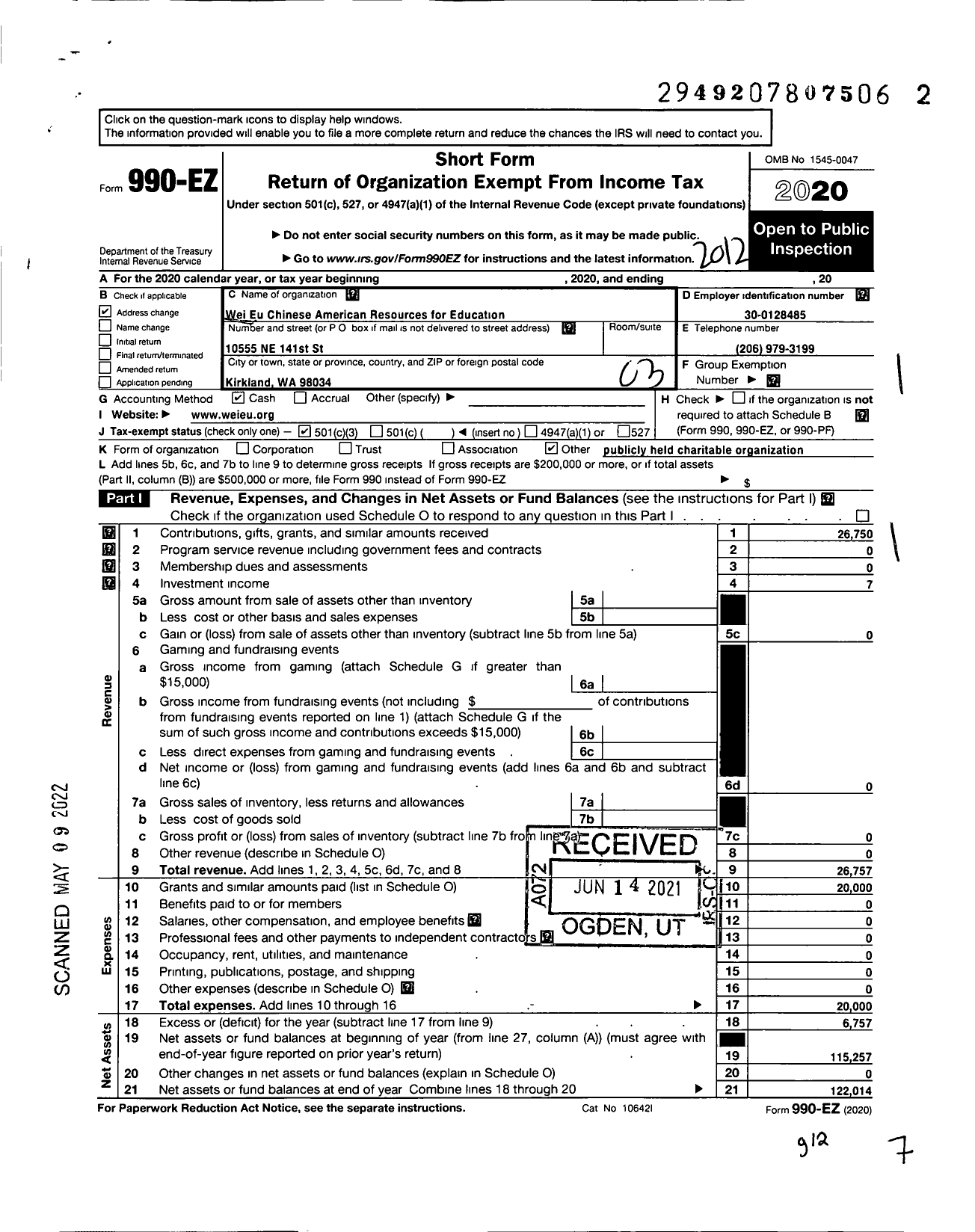 Image of first page of 2020 Form 990EZ for Wei Eu Chinese American Resources for Education