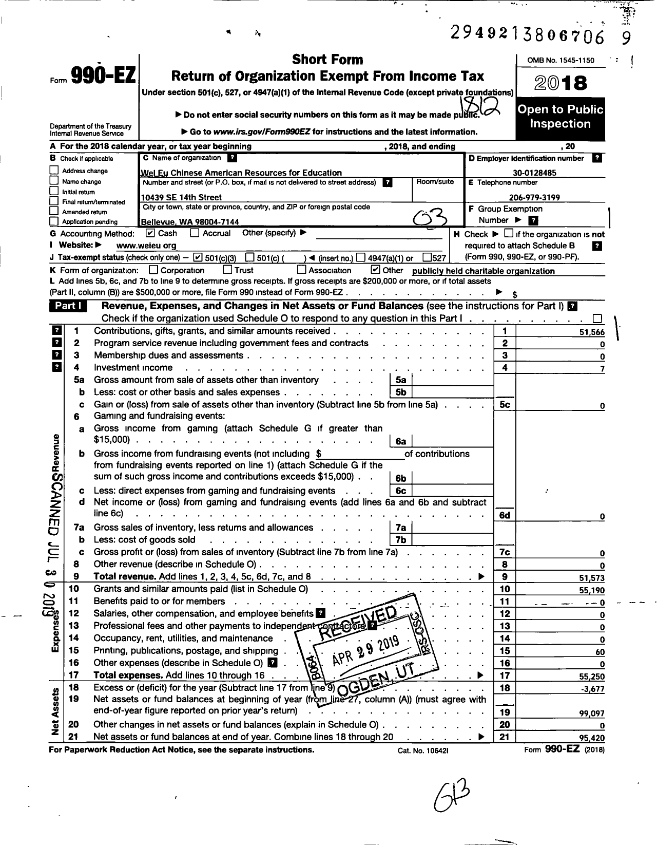 Image of first page of 2018 Form 990EZ for Wei Eu Chinese American Resources for Education