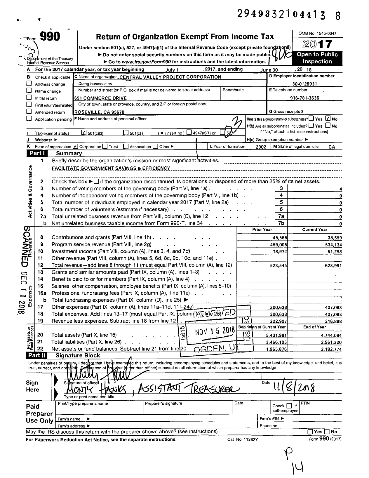 Image of first page of 2017 Form 990 for Central Valley Project Corporation