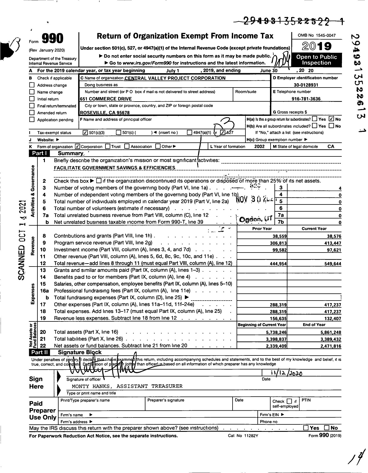 Image of first page of 2019 Form 990 for Central Valley Project Corporation