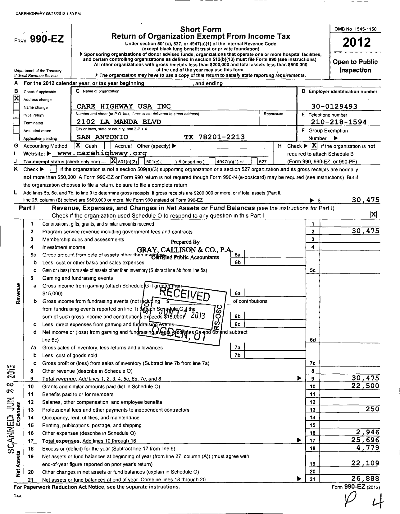 Image of first page of 2012 Form 990EZ for Care Highway USA