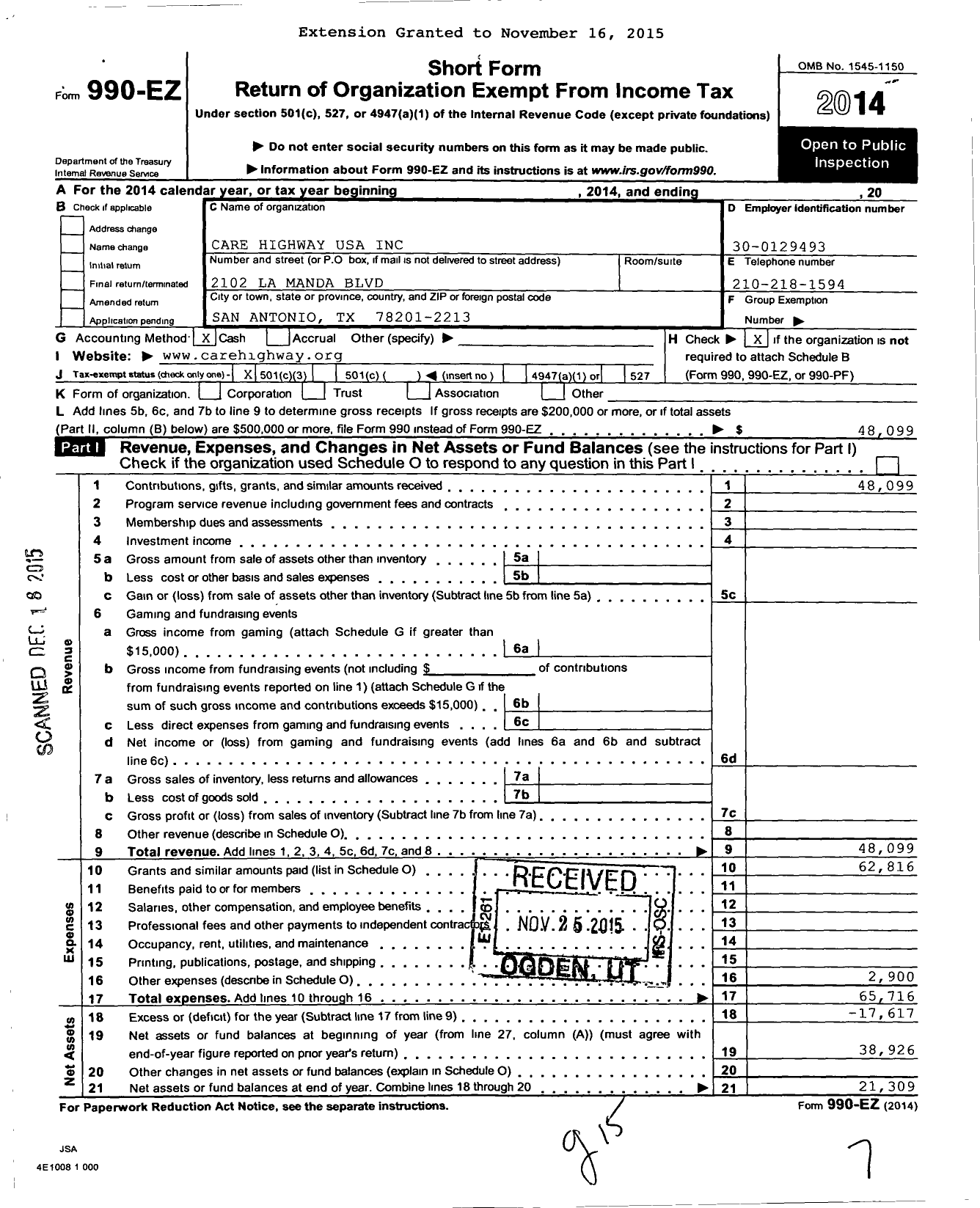 Image of first page of 2014 Form 990EZ for Care Highway USA