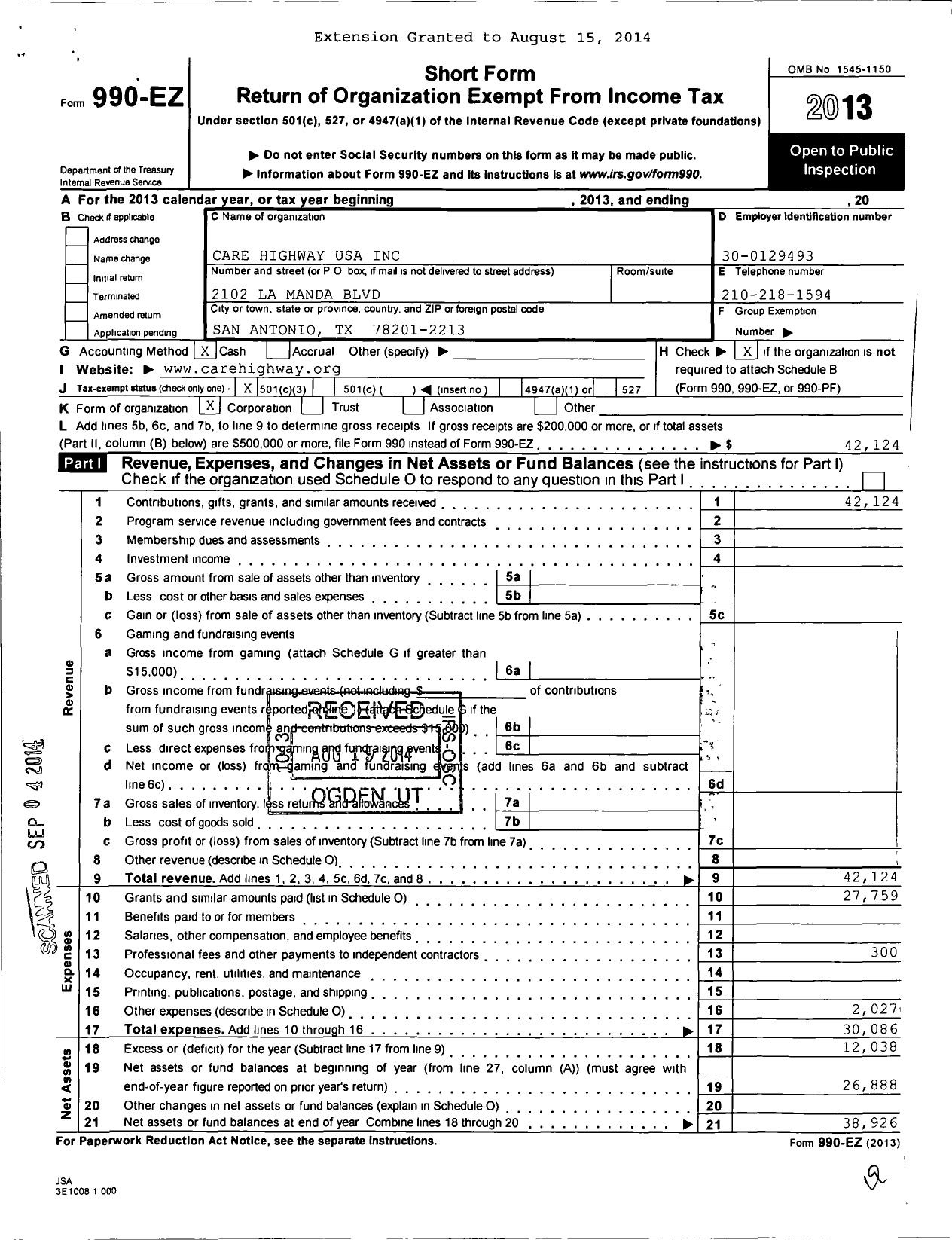 Image of first page of 2013 Form 990EZ for Care Highway USA