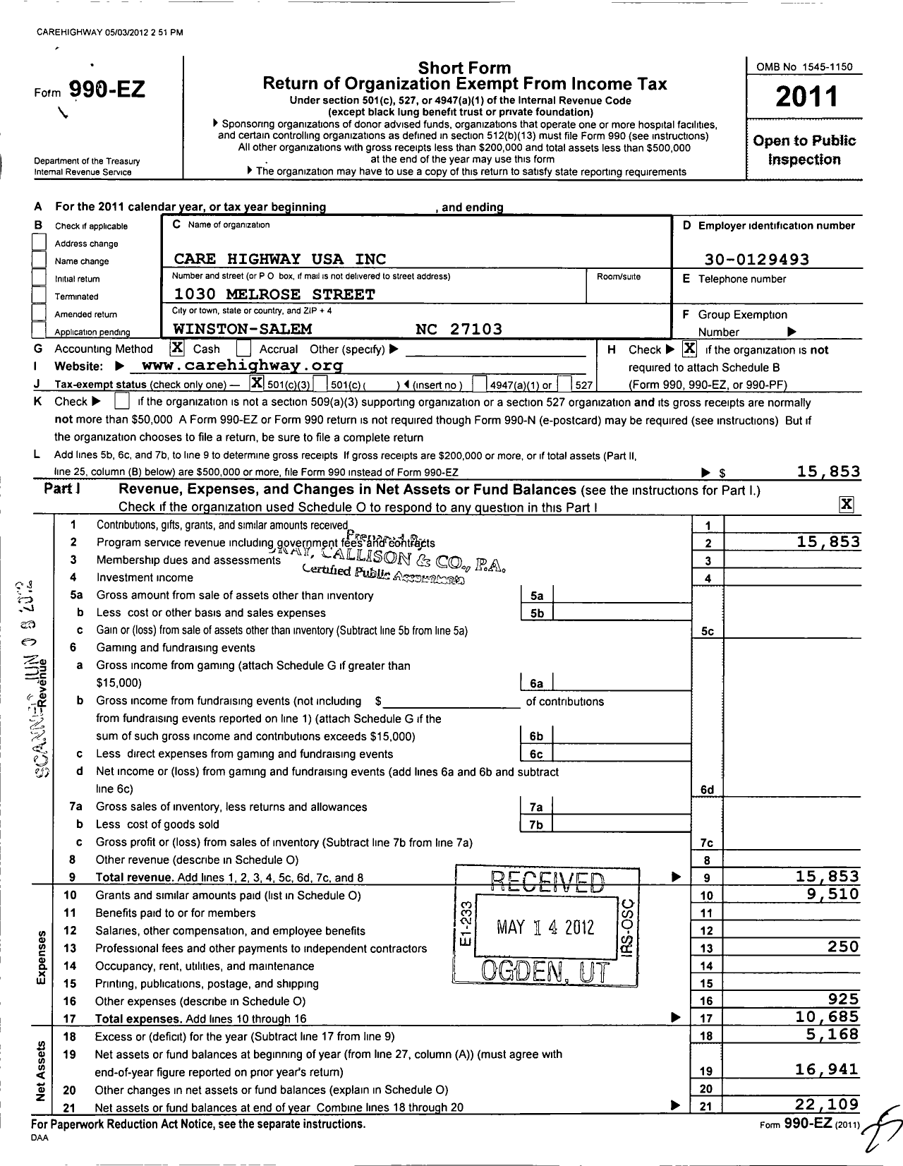 Image of first page of 2011 Form 990EZ for Care Highway USA