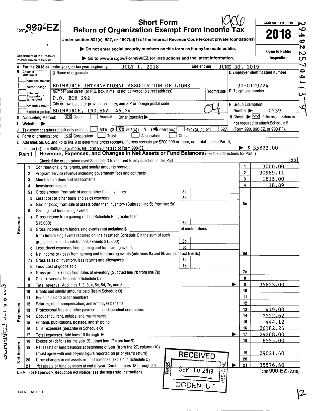 Image of first page of 2018 Form 990EO for Lions Clubs - 9732 Edinburgh