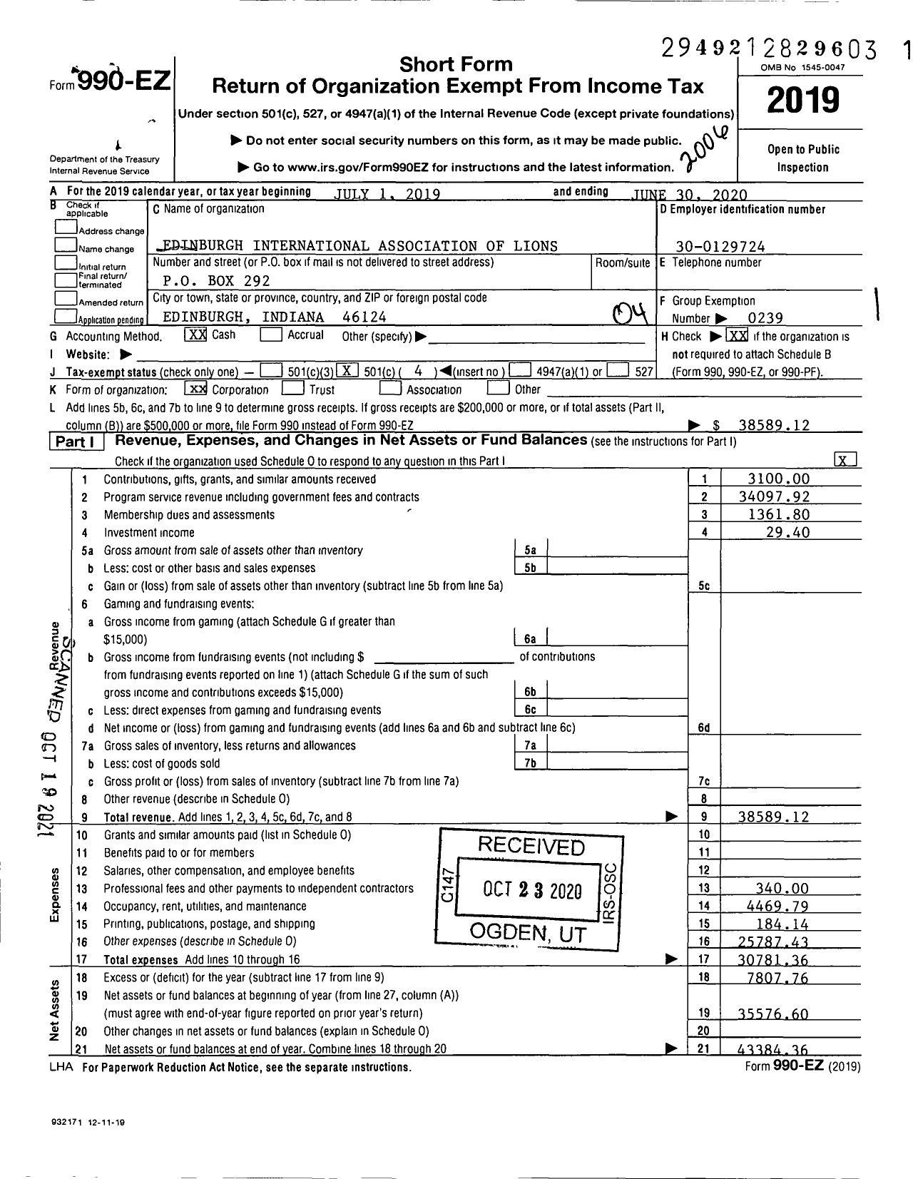 Image of first page of 2019 Form 990EO for Lions Clubs - 9732 Edinburgh