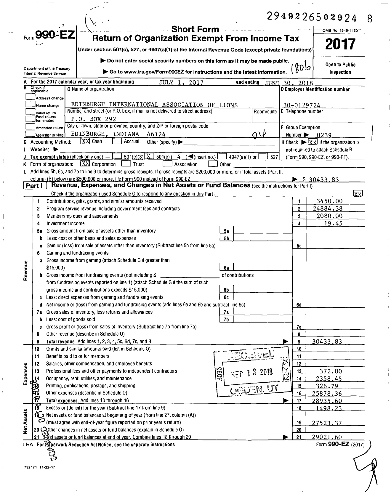 Image of first page of 2017 Form 990EO for Lions Clubs - 9732 Edinburgh