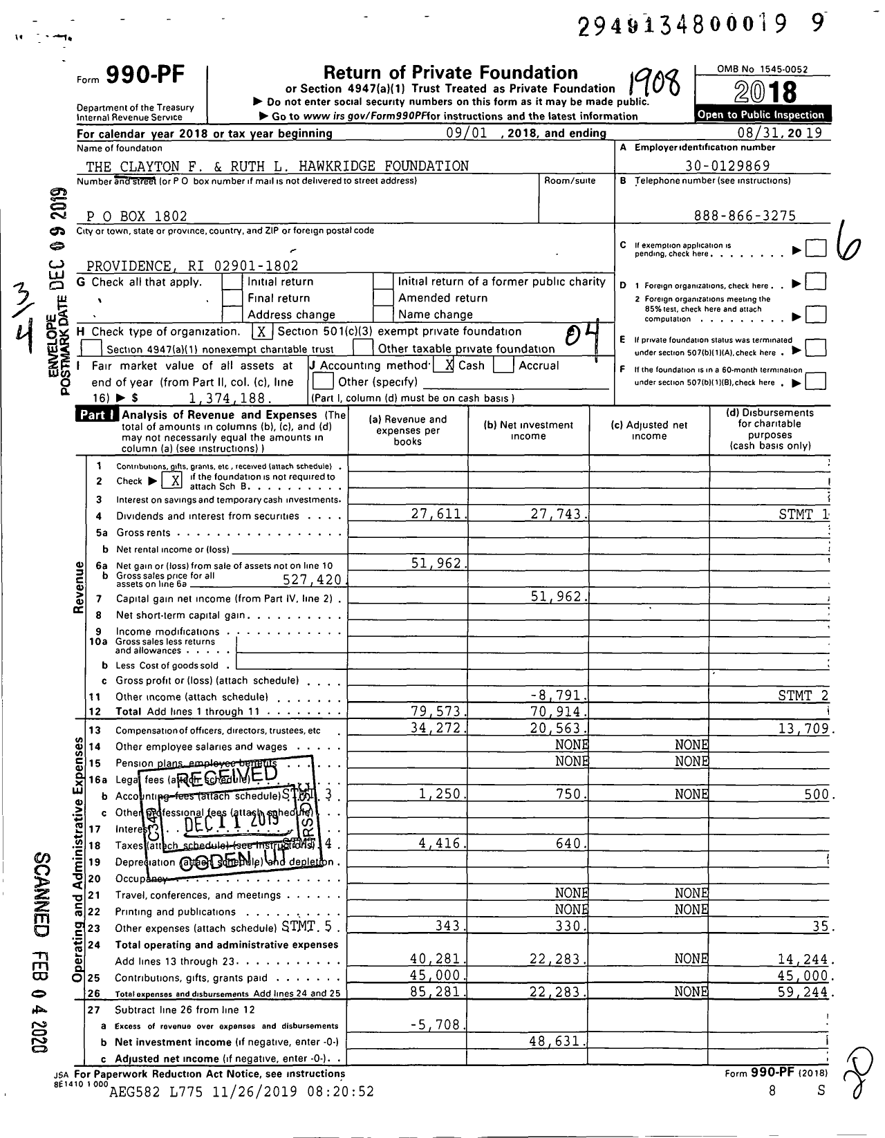 Image of first page of 2018 Form 990PF for Clayton F and Ruth L Hawkridge Foundation