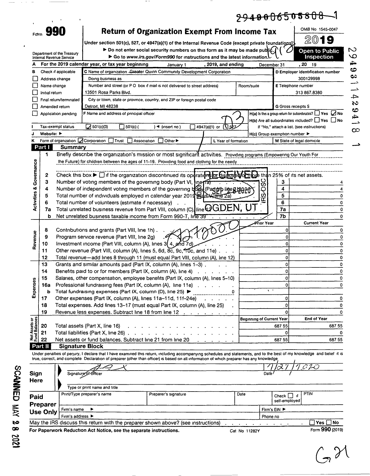 Image of first page of 2019 Form 990 for Greater Quinn Community Development Corporation