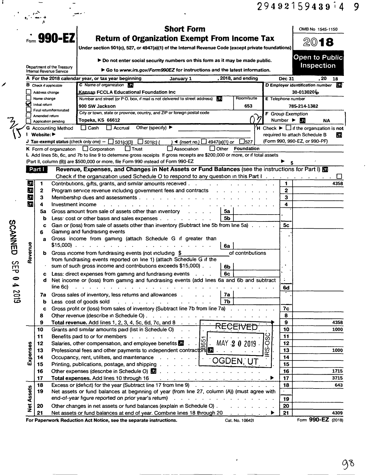 Image of first page of 2018 Form 990EZ for Kansas Fccla Educational Foundation