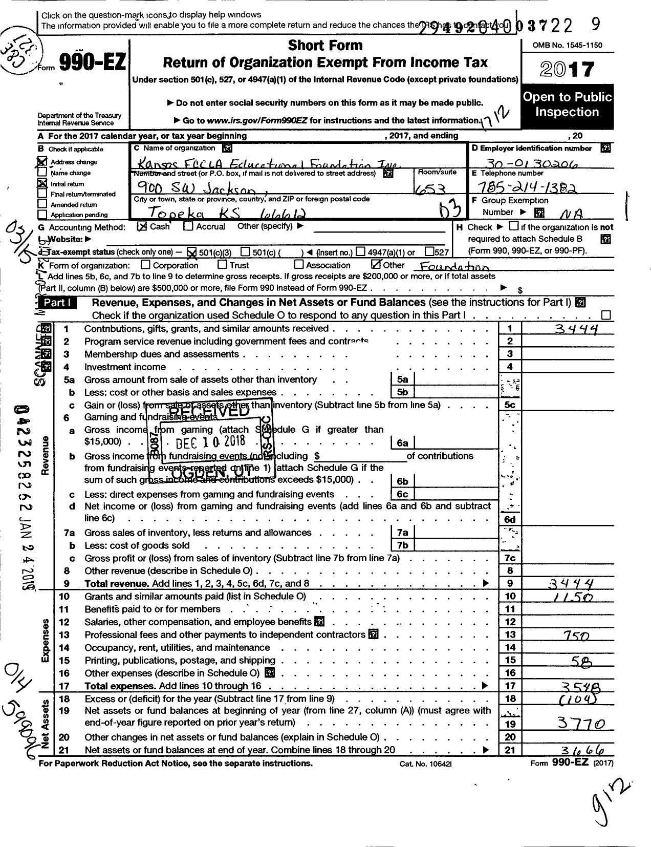 Image of first page of 2017 Form 990EZ for Kansas Fccla Educational Foundation