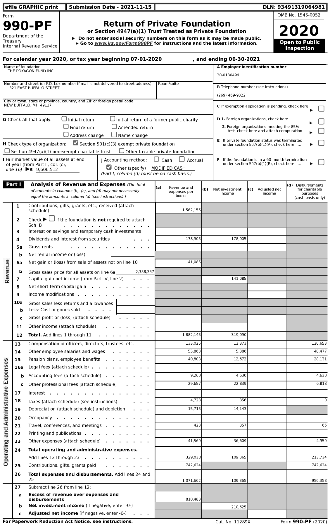 Image of first page of 2020 Form 990PF for The Pokagon Fund