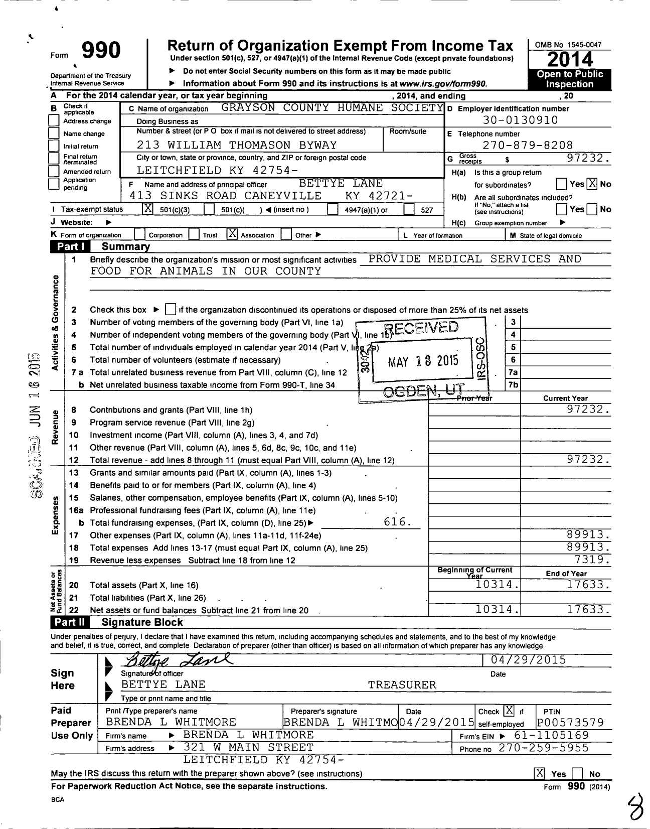 Image of first page of 2014 Form 990 for Grayson County Humane Society and Spca