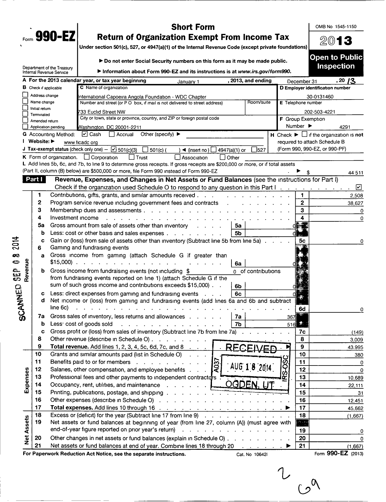 Image of first page of 2013 Form 990EZ for International Capoeira Angola Foundation / Washington DC Metropolitan Chapter