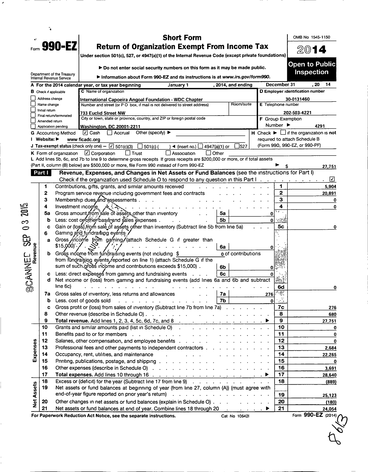 Image of first page of 2014 Form 990EZ for International Capoeira Angola Foundation / Washington DC Metropolitan Chapter