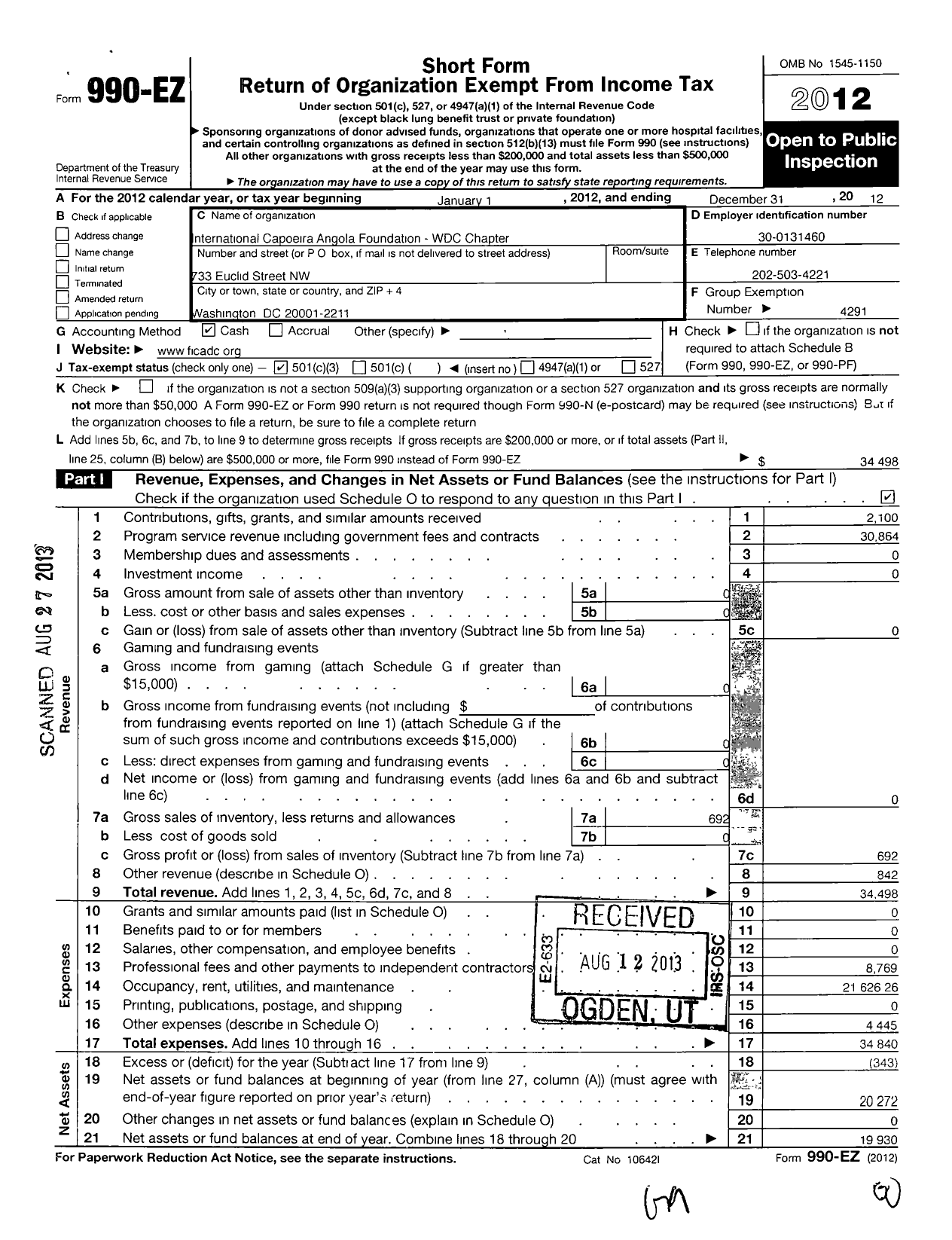 Image of first page of 2012 Form 990EZ for International Capoeira Angola Foundation / Washington DC Metropolitan Chapter