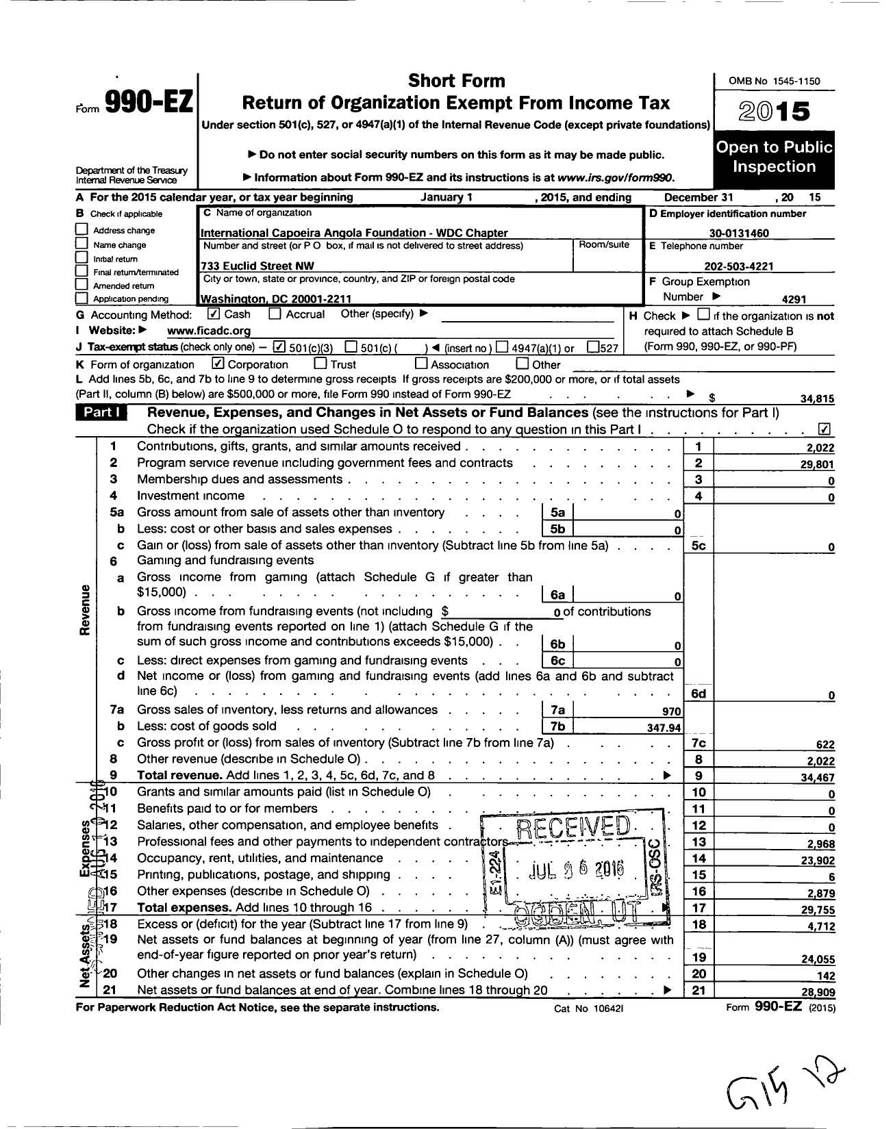 Image of first page of 2015 Form 990EZ for International Capoeira Angola Foundation / Washington DC Metropolitan Chapter