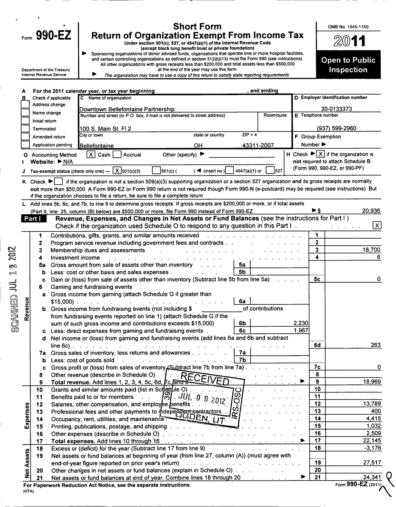 Image of first page of 2011 Form 990EZ for Downtown Bellefontaine Partnership