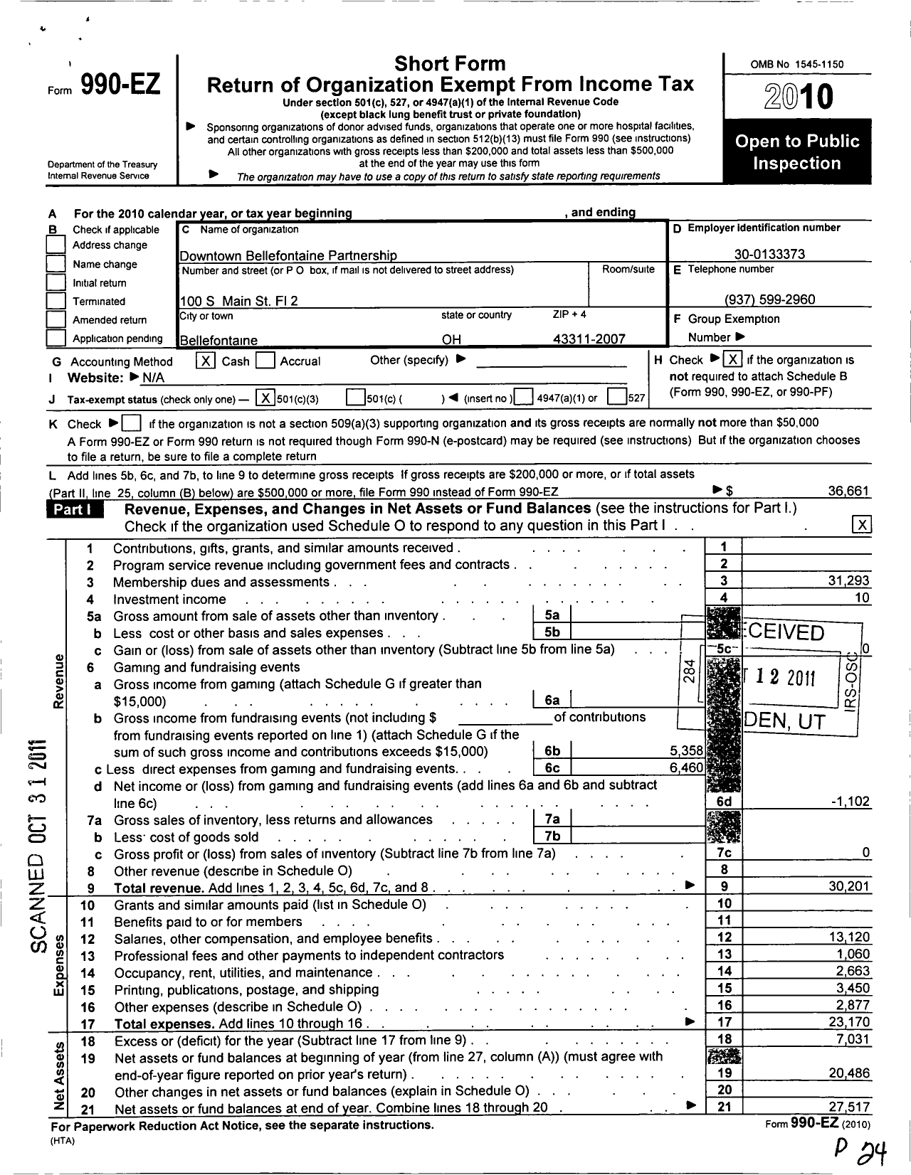 Image of first page of 2010 Form 990EZ for Downtown Bellefontaine Partnership