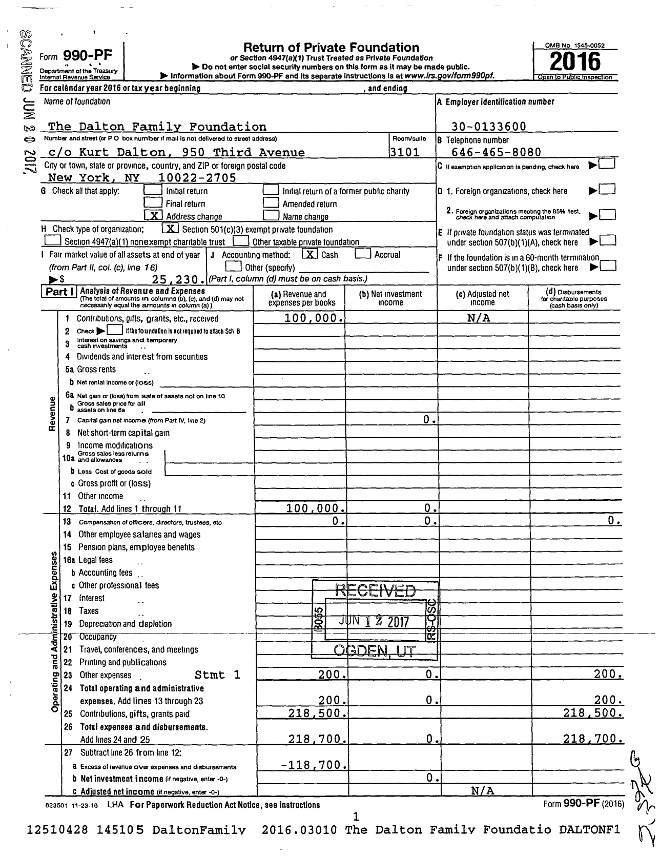 Image of first page of 2016 Form 990PF for The Dalton Family Foundation / Dalton Mark F Et Al Ttee