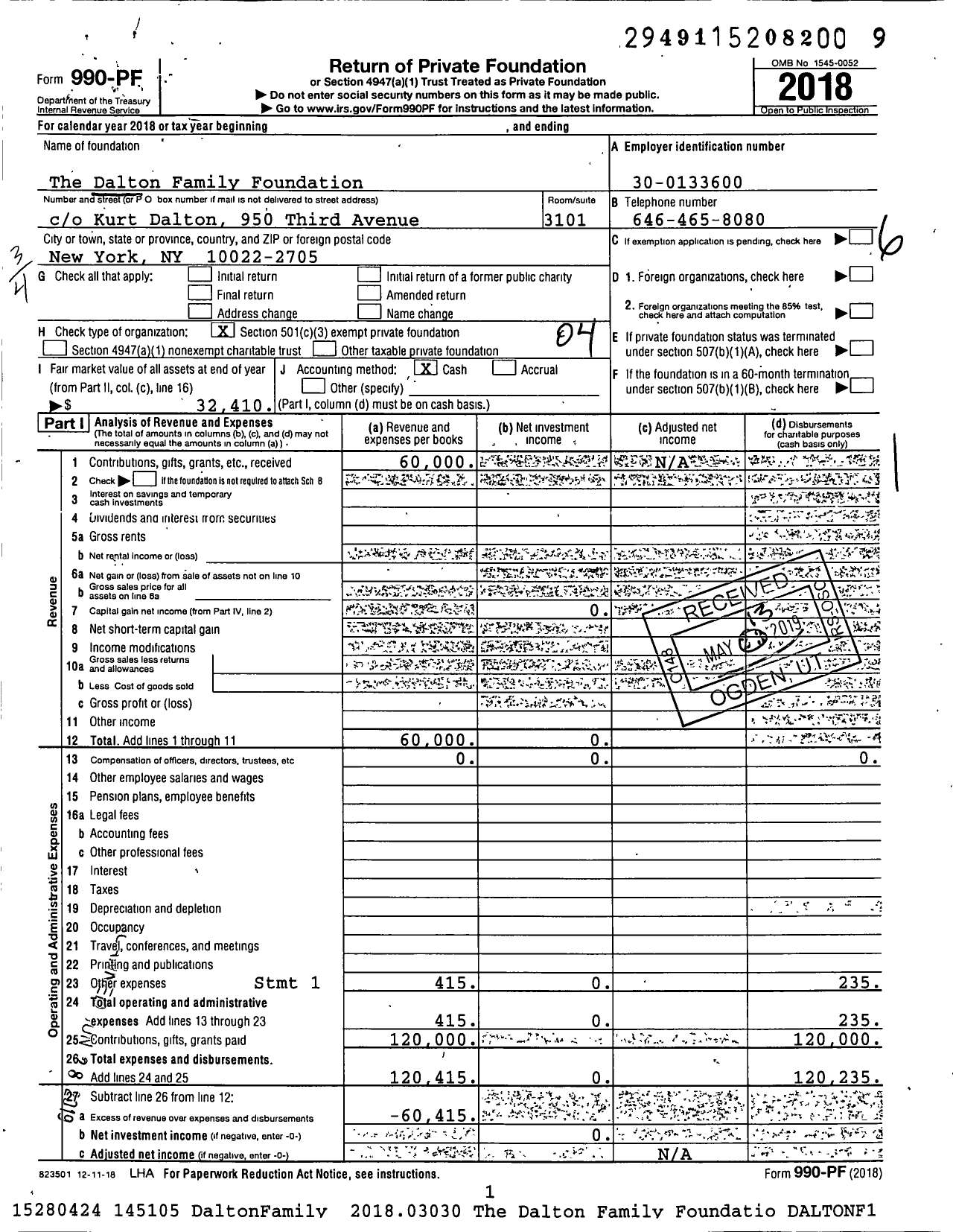 Image of first page of 2018 Form 990PF for The Dalton Family Foundation / Dalton Mark F Et Al Ttee