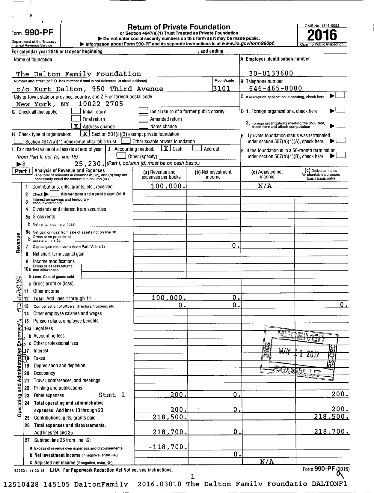 Image of first page of 2016 Form 990PF for The Dalton Family Foundation / Dalton Mark F Et Al Ttee