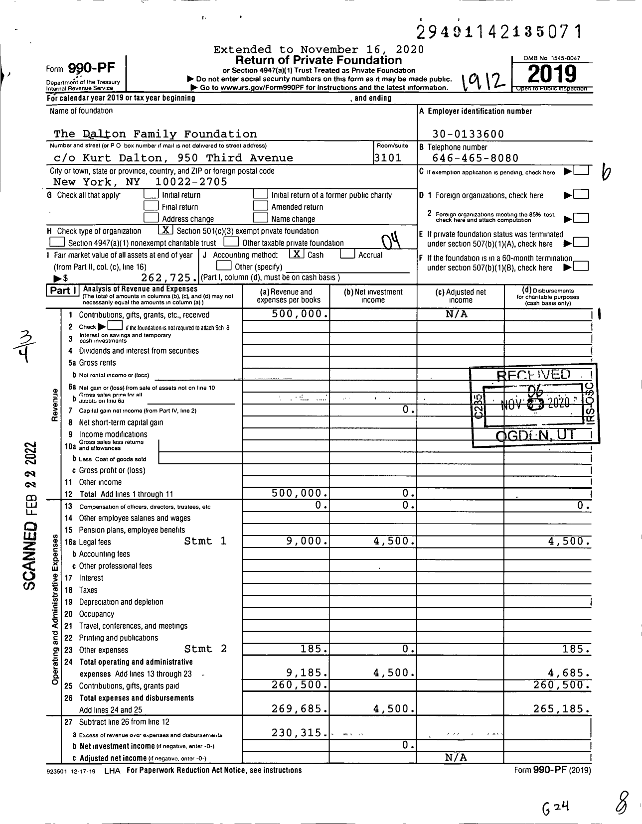 Image of first page of 2019 Form 990PF for The Dalton Family Foundation / Dalton Mark F Et Al Ttee