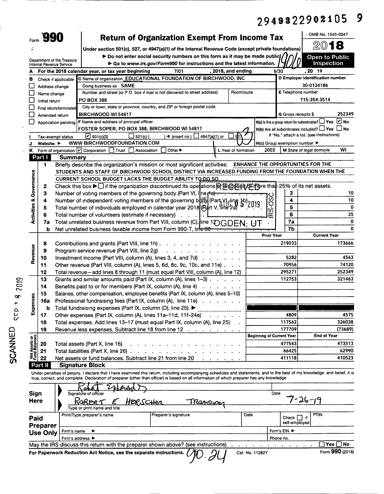 Image of first page of 2018 Form 990 for Educational Foundation of Birchwood