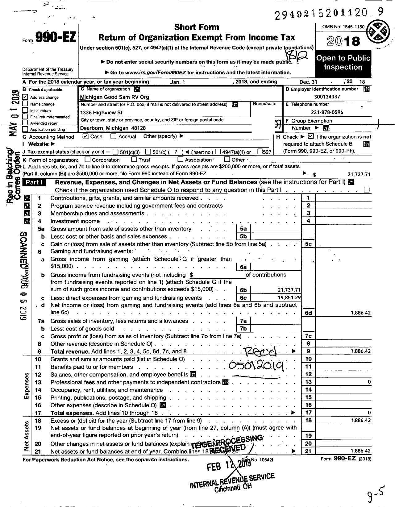 Image of first page of 2018 Form 990EO for Michigan Good Sam R V Org