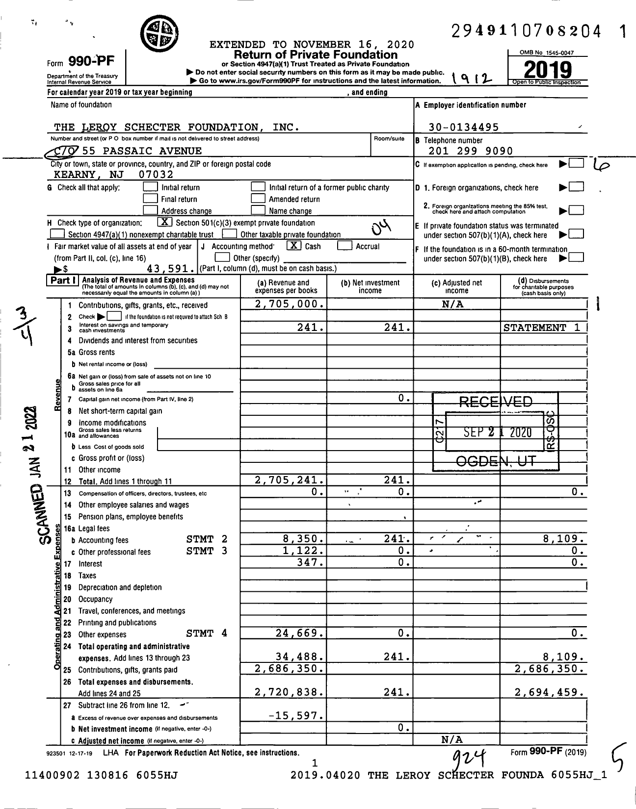 Image of first page of 2019 Form 990PF for The Leroy Schecter Foundation