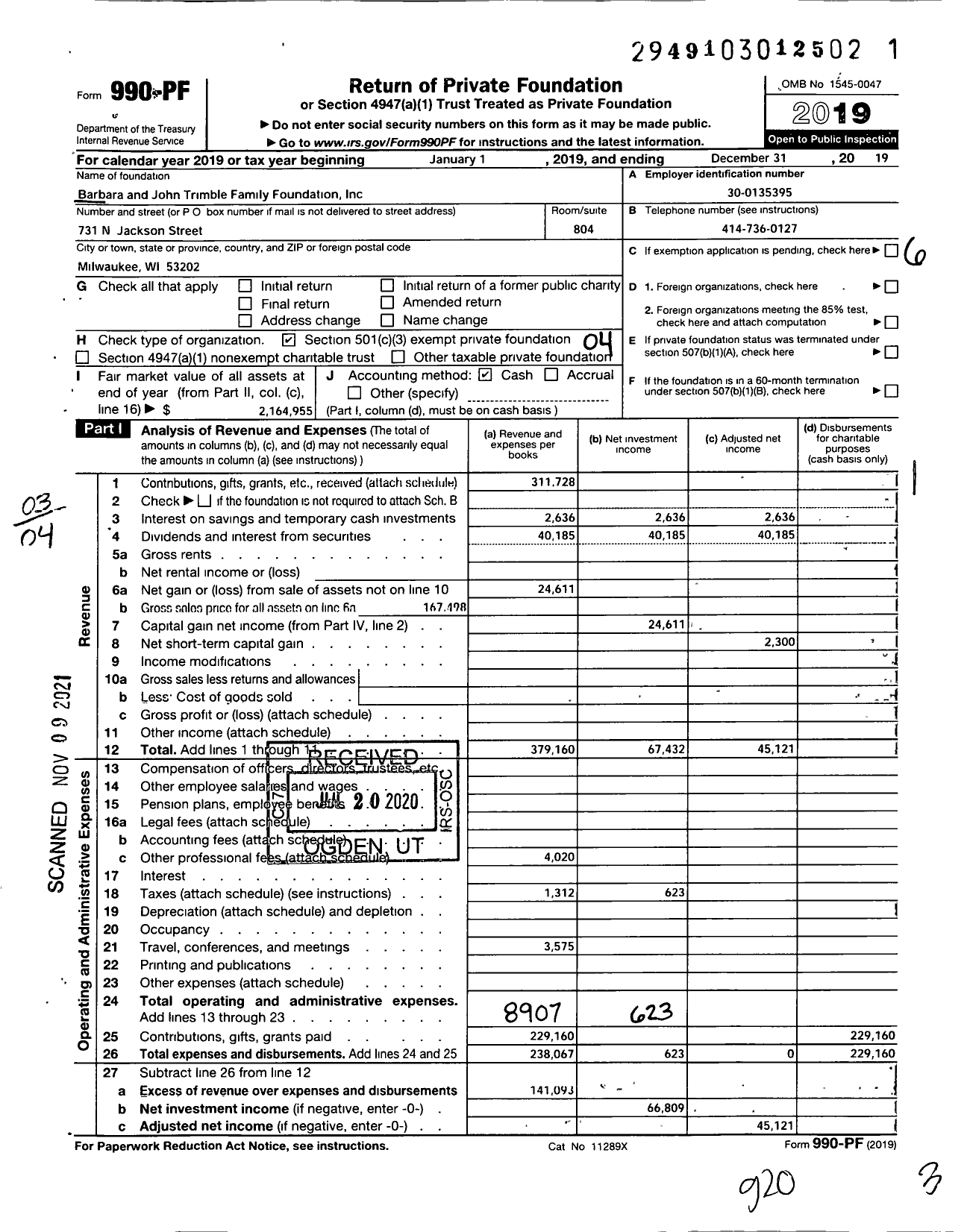 Image of first page of 2019 Form 990PF for Barbara and John Trimble Family Foundation