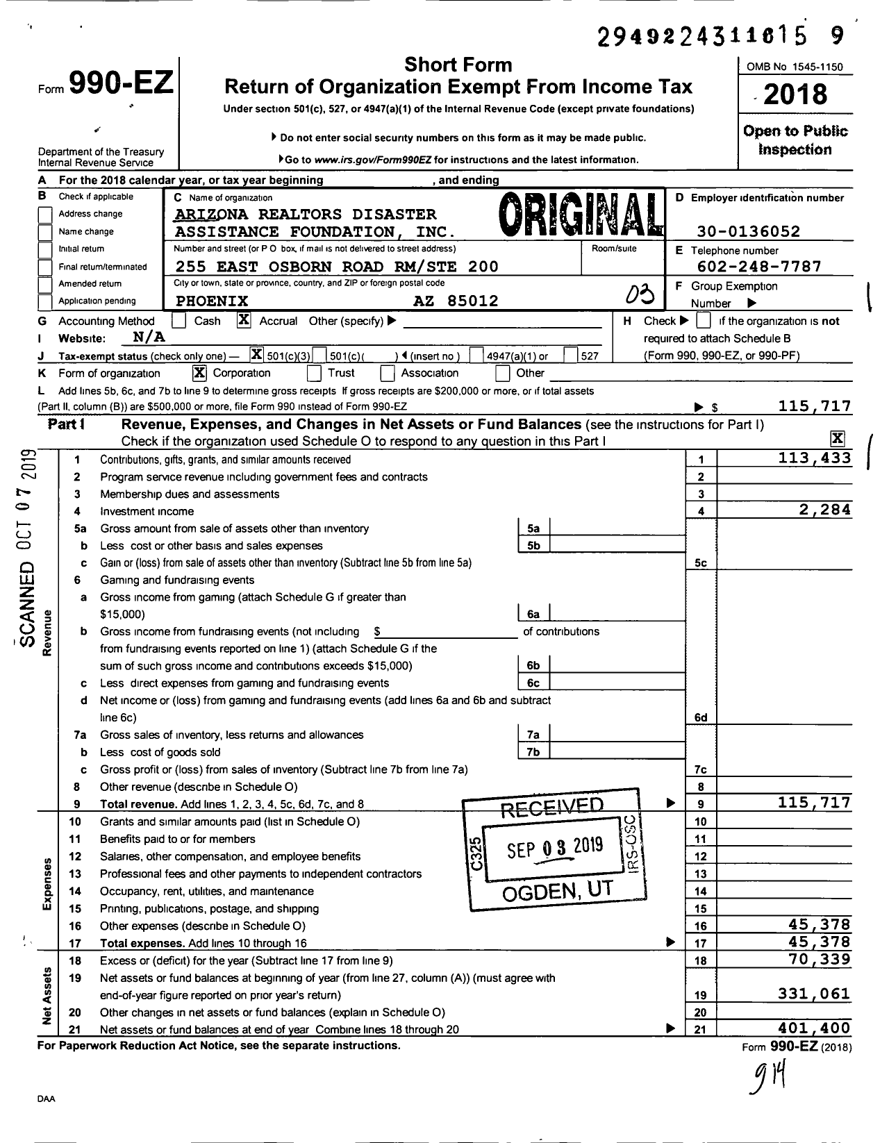 Image of first page of 2018 Form 990EZ for Arizona Realtors Disaster Assistance Foundation