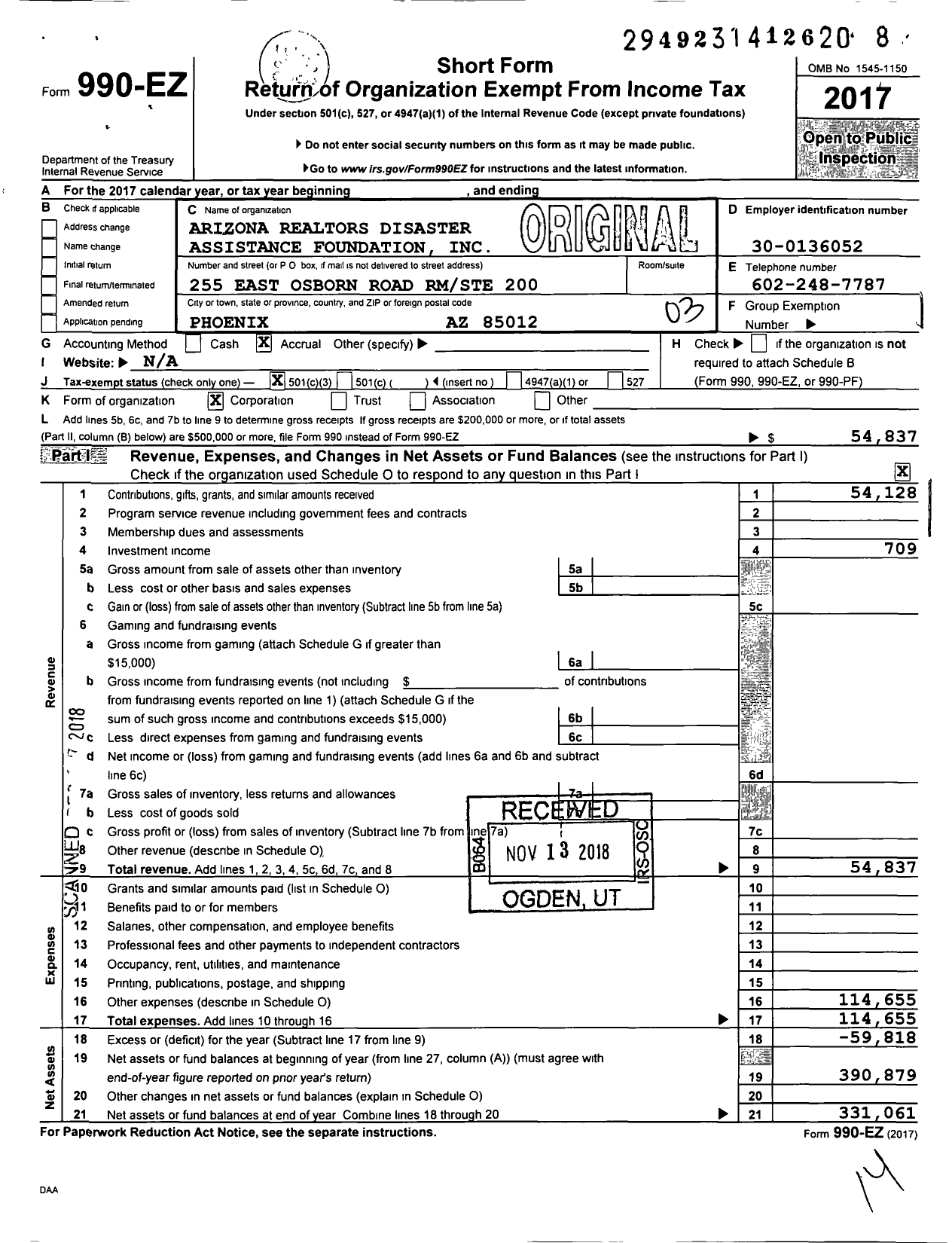 Image of first page of 2017 Form 990EZ for Arizona Realtors Disaster Assistance Foundation