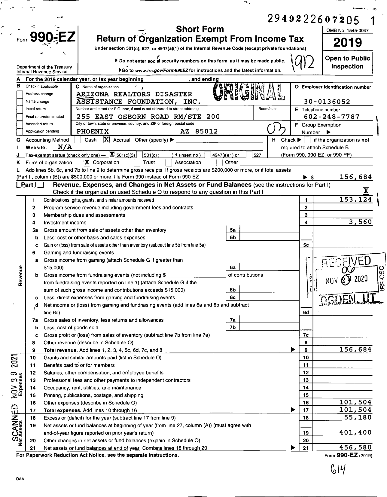 Image of first page of 2019 Form 990EZ for Arizona Realtors Disaster Assistance Foundation