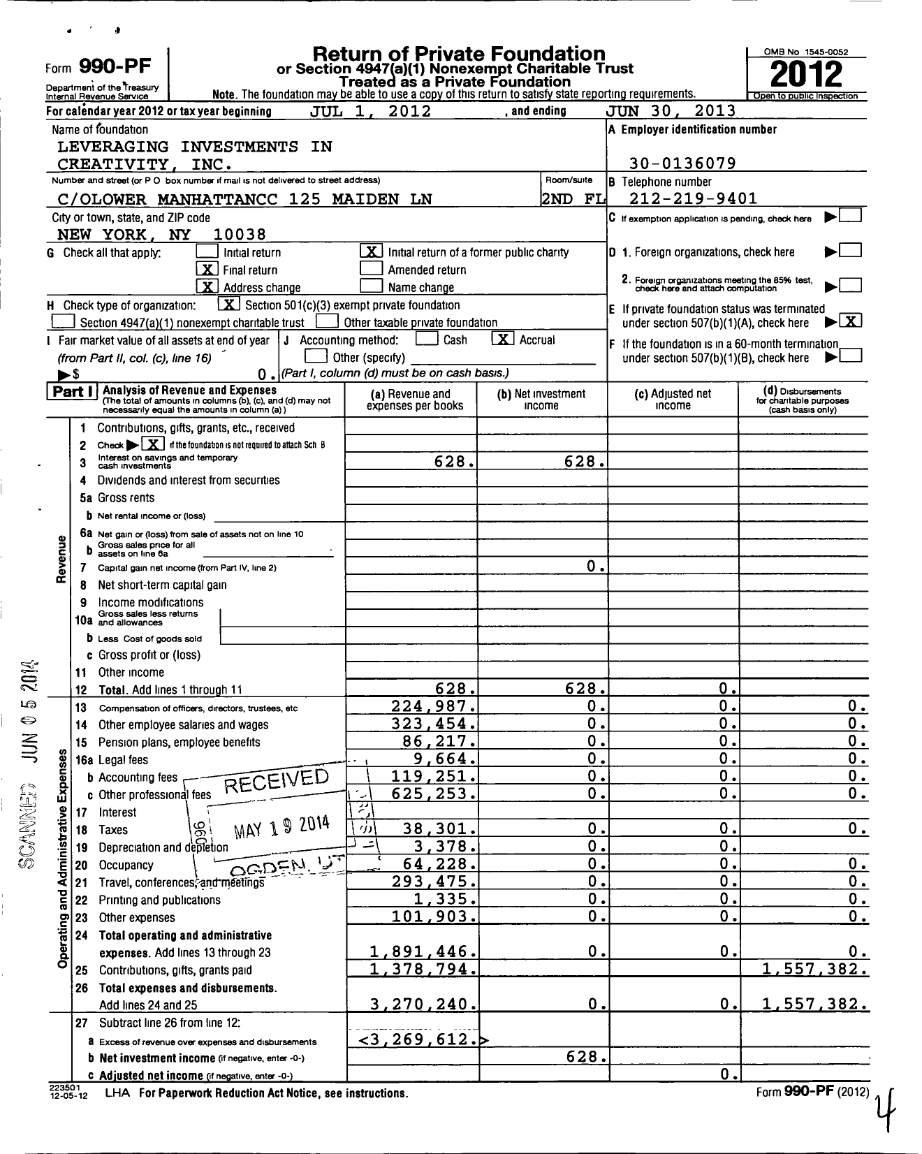 Image of first page of 2012 Form 990PF for Leveraging Investments in Creativity