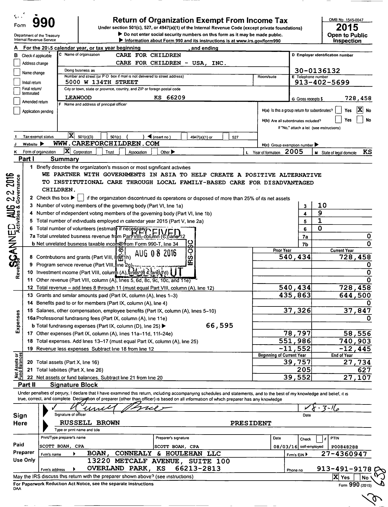 Image of first page of 2015 Form 990 for Care for Children Care for Children - USA