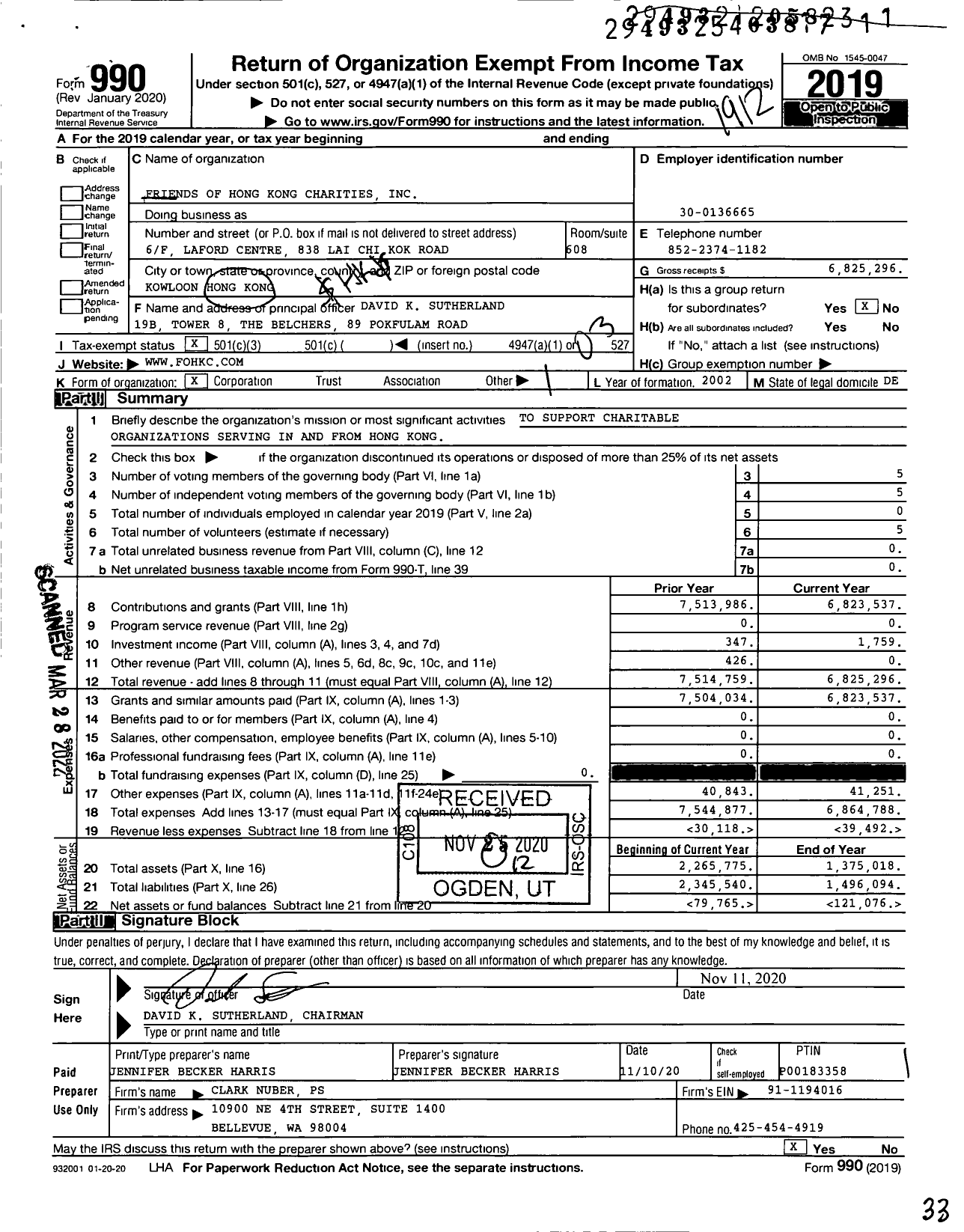 Image of first page of 2019 Form 990 for Friends of Hong Kong Charities