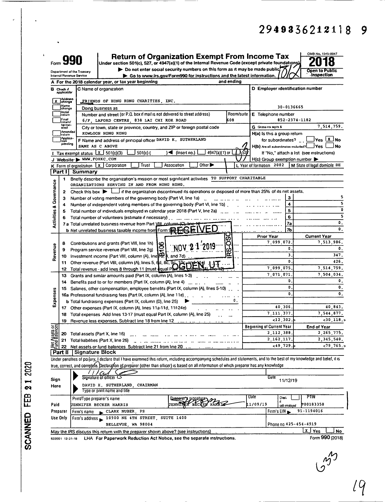 Image of first page of 2018 Form 990 for Friends of Hong Kong Charities