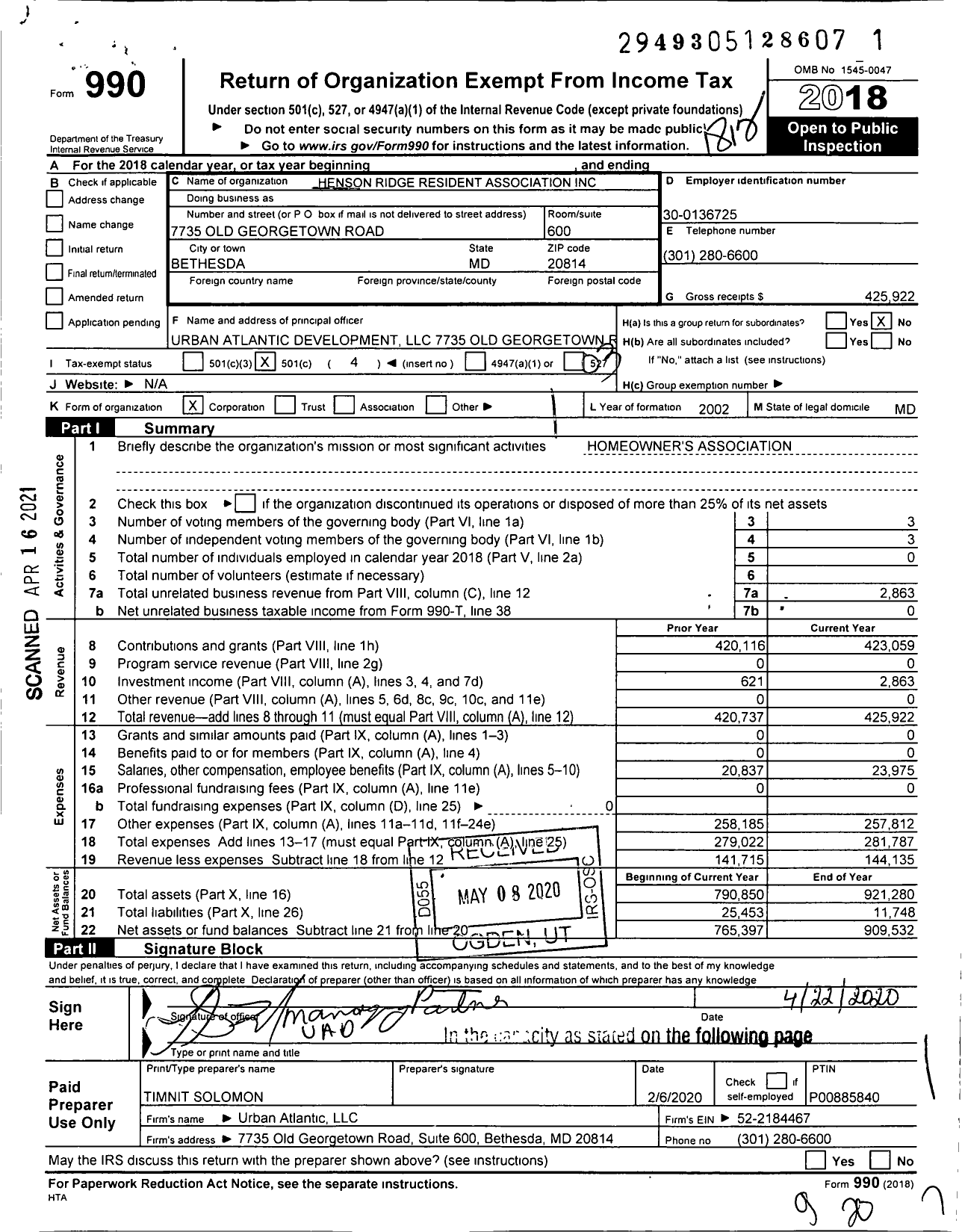 Image of first page of 2018 Form 990 for Henson Ridge Residents Association