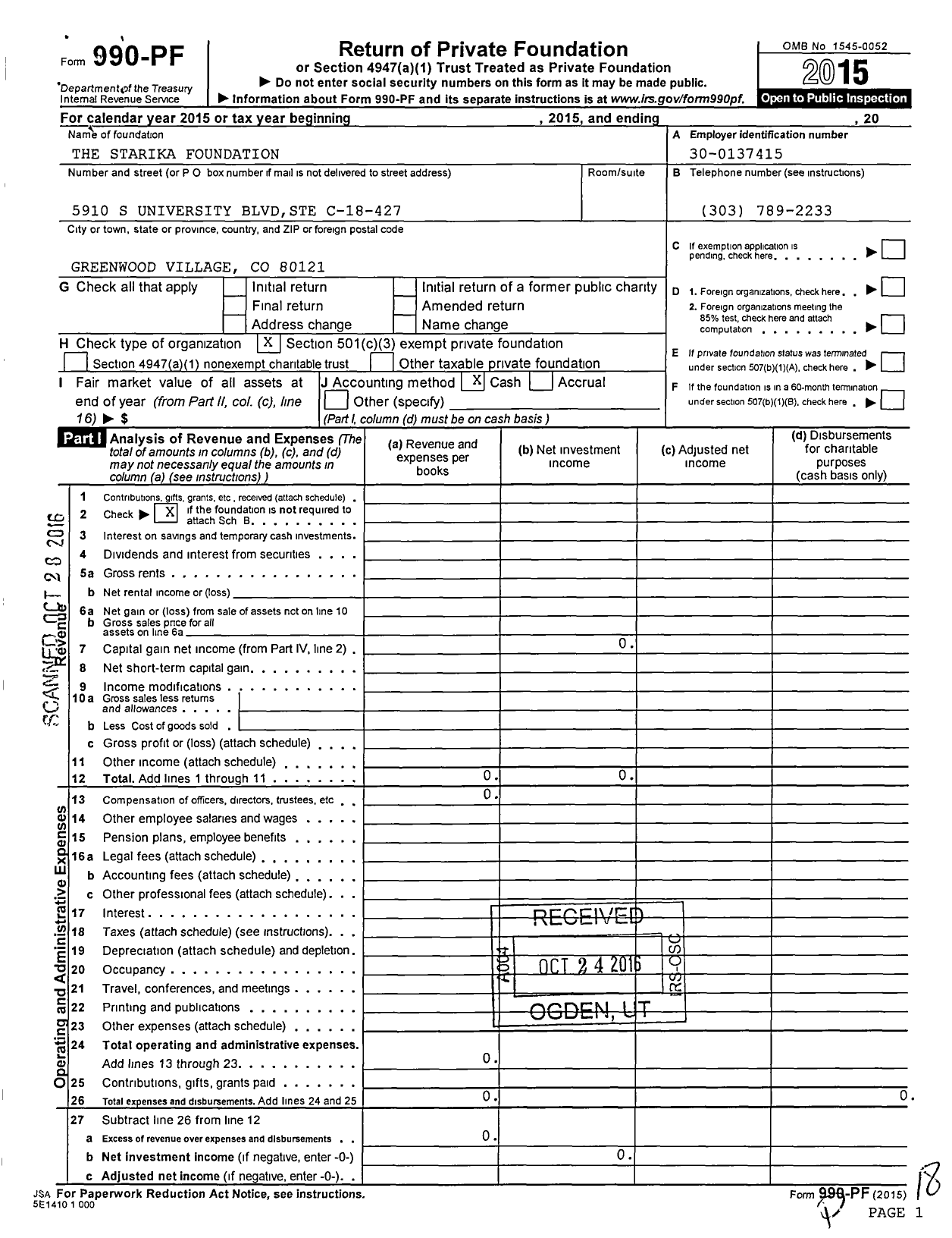 Image of first page of 2015 Form 990PF for The Starika Foundation