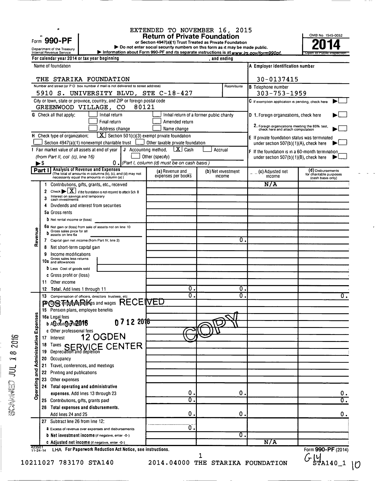 Image of first page of 2014 Form 990PF for The Starika Foundation