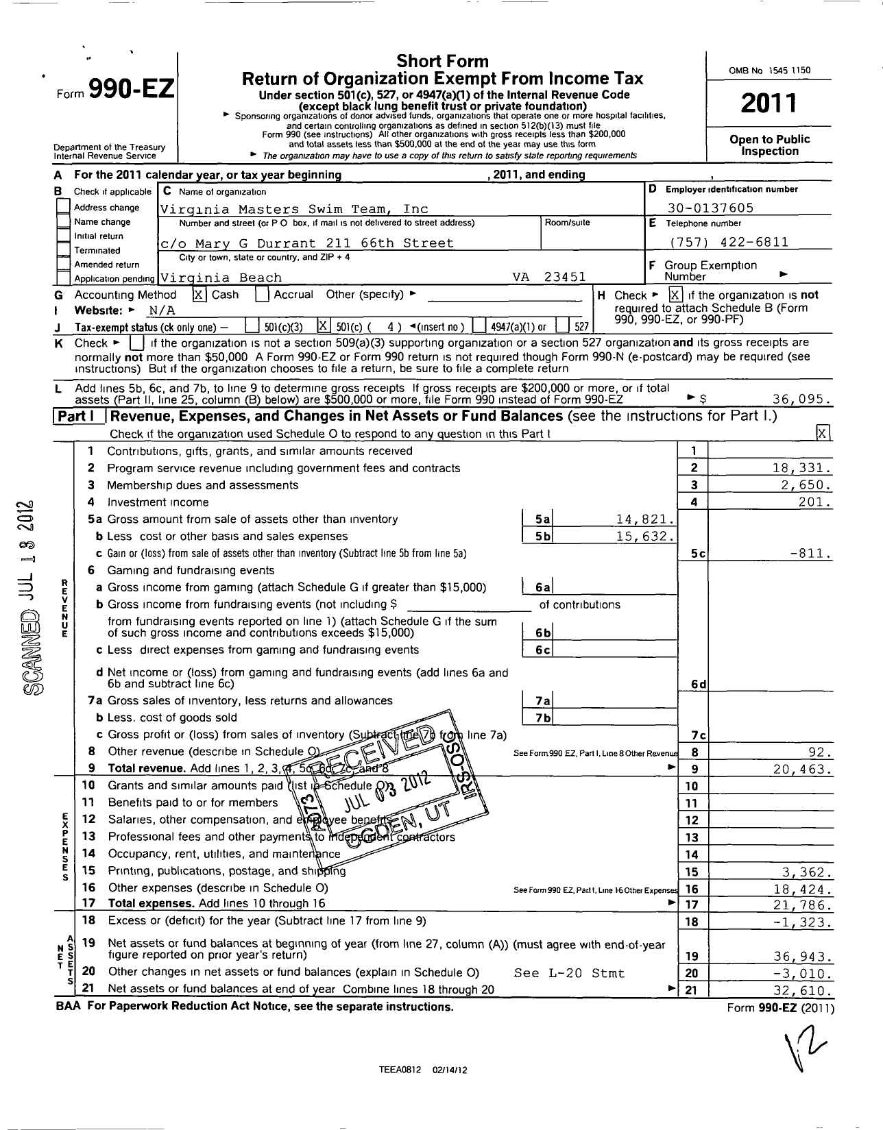 Image of first page of 2011 Form 990EO for Virginia Master Swim Team