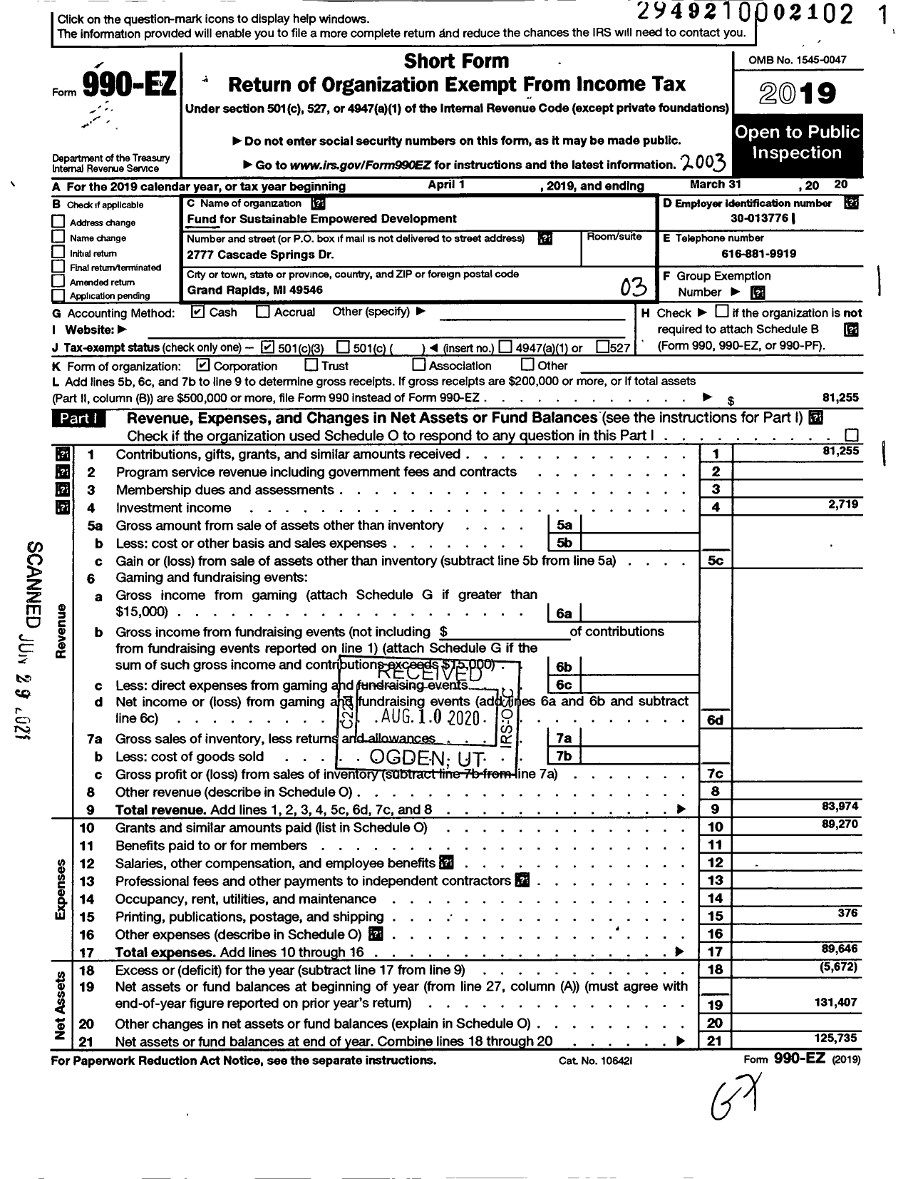 Image of first page of 2019 Form 990EZ for Fund for Sustainable Empowered Development